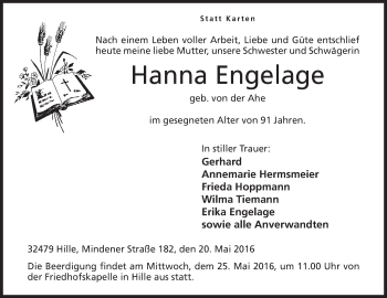 Anzeige von Hanna Engelage von Mindener Tageblatt