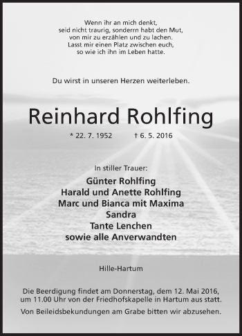 Anzeige von Reinhard Rohlfing von Mindener Tageblatt