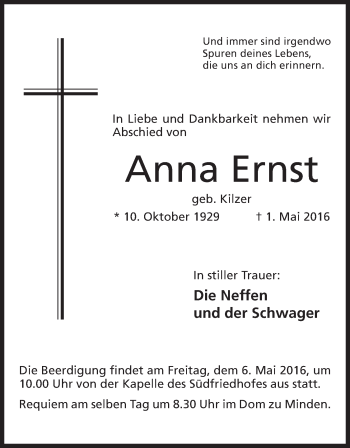 Anzeige von Anna Ernst von Mindener Tageblatt