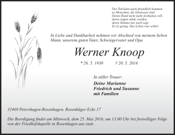 Anzeige von Werner Knoop von Mindener Tageblatt