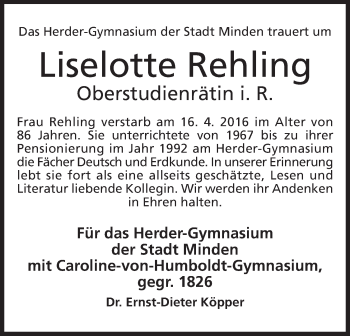 Anzeige von Liselotte Rehling von Mindener Tageblatt