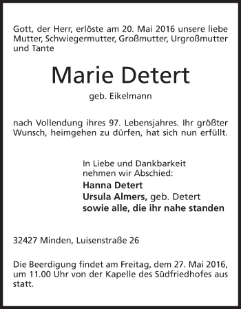 Anzeige von Marie Detert von Mindener Tageblatt