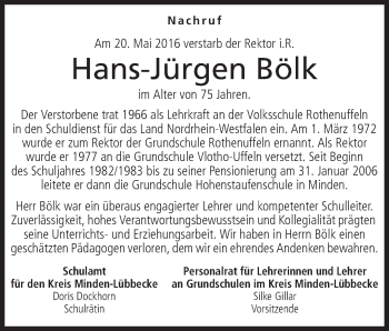 Anzeige von Hans-Jürgen Bölk von Mindener Tageblatt