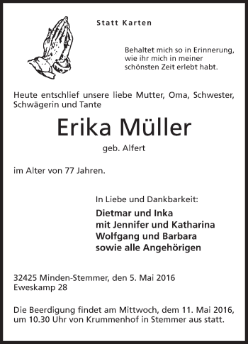 Anzeige von Erika Müller von Mindener Tageblatt