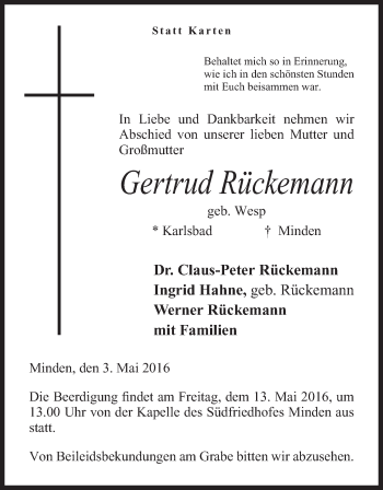 Anzeige von Gertrud Rückemann von Mindener Tageblatt