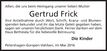 Anzeige von Gertrud Frick von Mindener Tageblatt