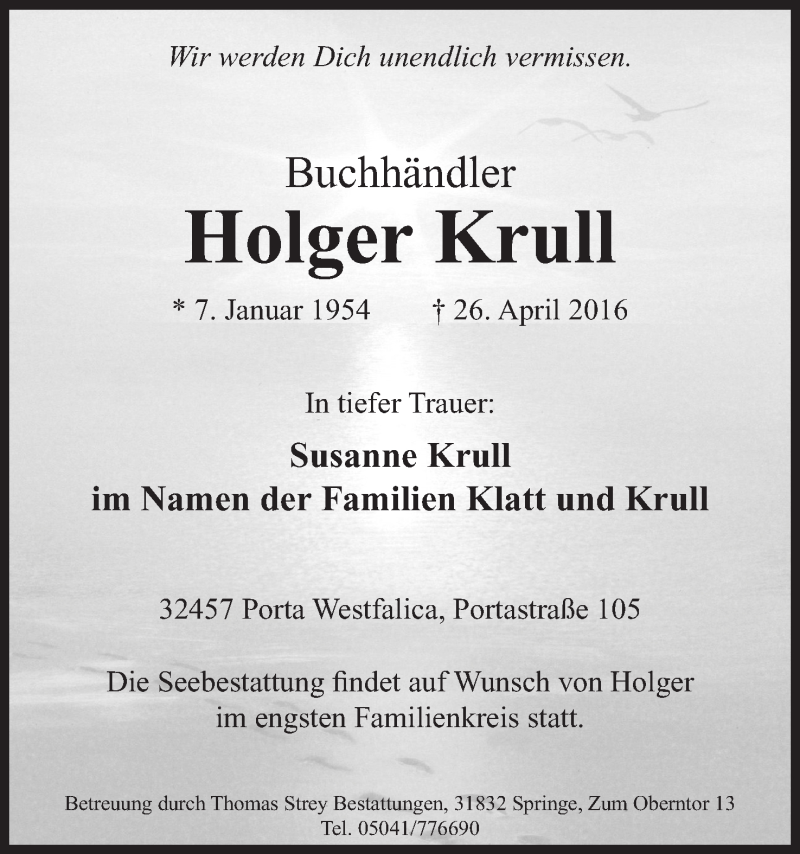  Traueranzeige für Holger Krull vom 07.05.2016 aus Mindener Tageblatt