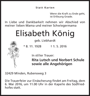 Anzeige von Elisabeth König von Mindener Tageblatt