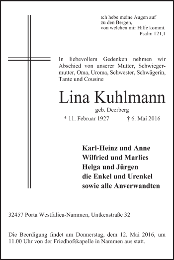 Anzeige von Lina Kuhlmann von Mindener Tageblatt