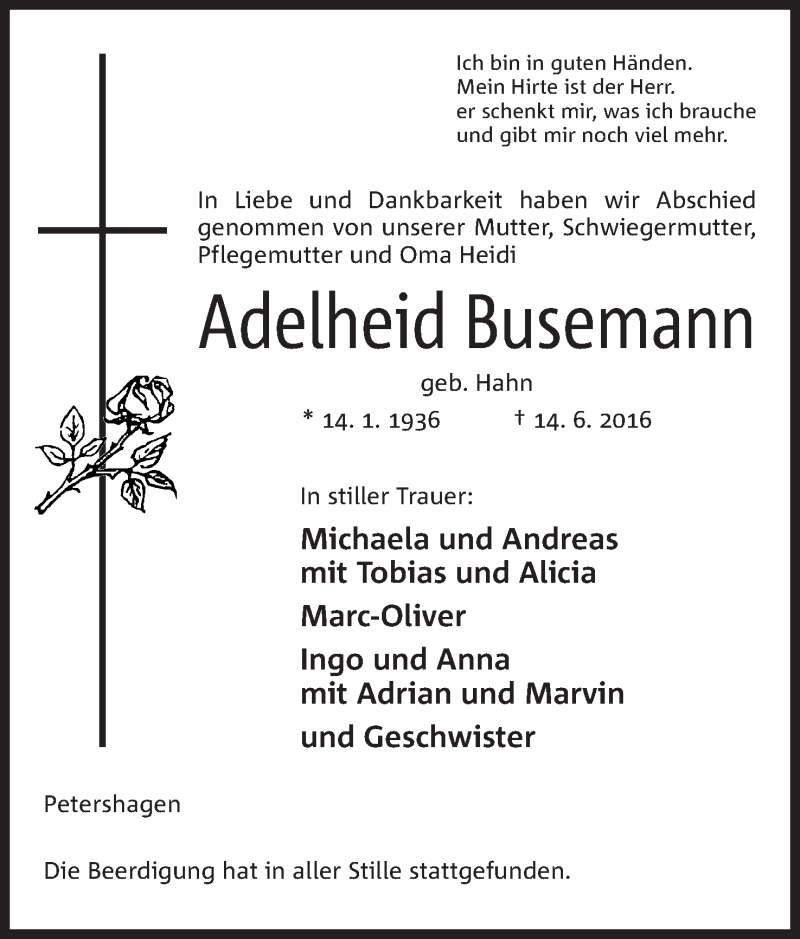  Traueranzeige für Adelheid Busemann vom 25.06.2016 aus Mindener Tageblatt