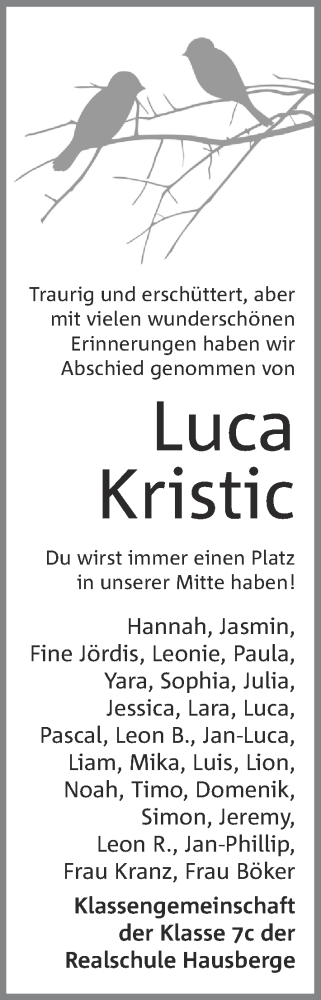 Anzeige von Nicole und Luca Kristic von Mindener Tageblatt