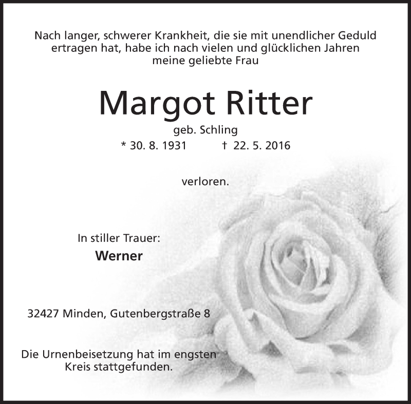 Traueranzeige für Margot Ritter vom 11.06.2016 aus Mindener Tageblatt