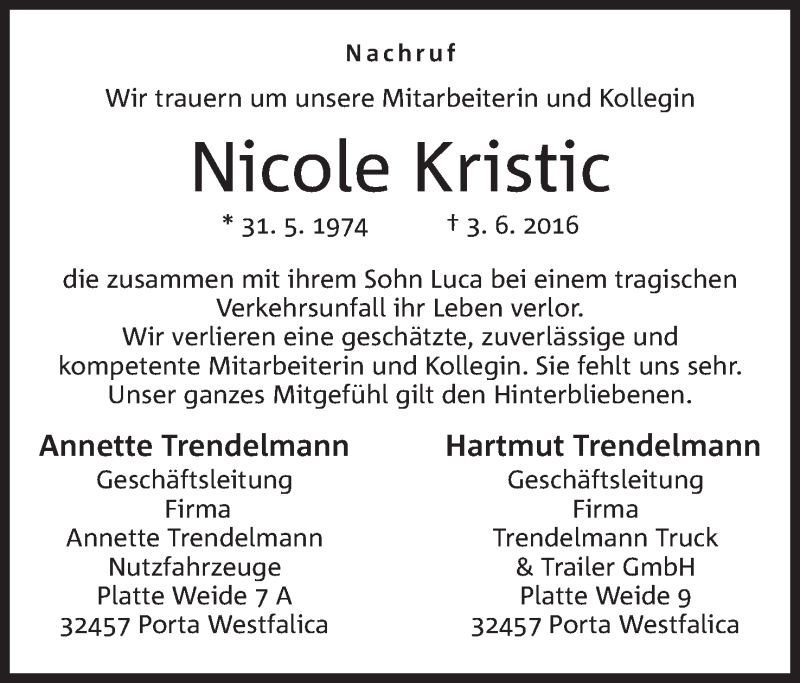  Traueranzeige für Nicole und Luca Kristic vom 16.06.2016 aus Mindener Tageblatt