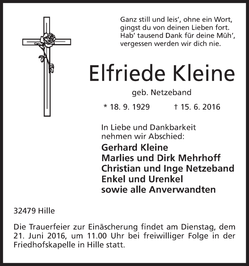  Traueranzeige für Elfriede Kleine vom 17.06.2016 aus Mindener Tageblatt