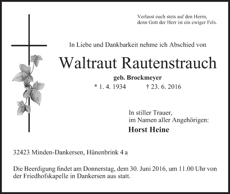  Traueranzeige für Waltraut Rautenstrauch vom 25.06.2016 aus Mindener Tageblatt