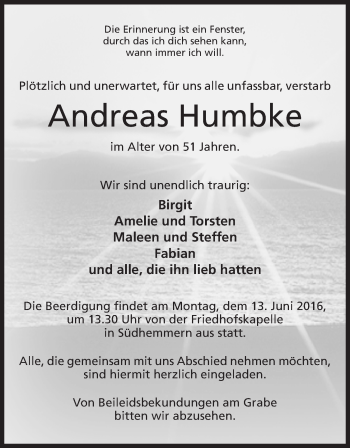 Anzeige von Andreas Humbke von Mindener Tageblatt