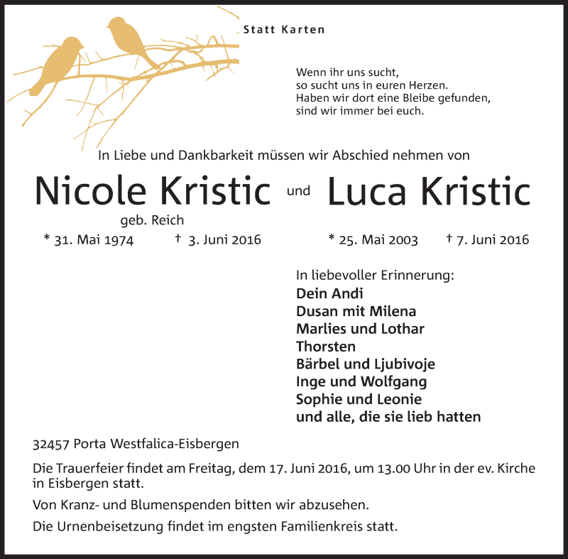  Traueranzeige für Nicole und Luca Kristic vom 14.06.2016 aus Mindener Tageblatt