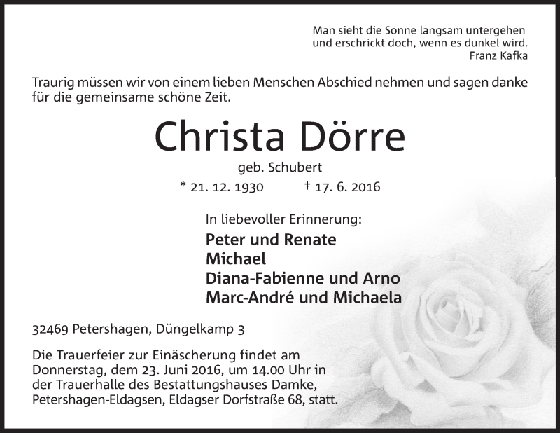  Traueranzeige für Christa Dörre vom 20.06.2016 aus Mindener Tageblatt