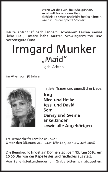 Anzeige von Irmgard Munker von Mindener Tageblatt