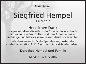Anzeige von Siegfried Hempel von Mindener Tageblatt