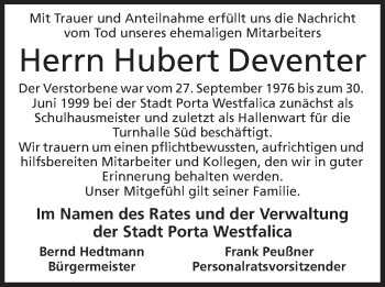 Anzeige von Hubert Deventer von Mindener Tageblatt