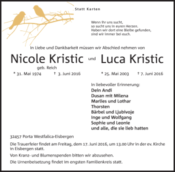 Anzeige von Nicole und Luca Kristic von Mindener Tageblatt