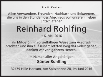 Anzeige von Reinhard Rohlfing von Mindener Tageblatt
