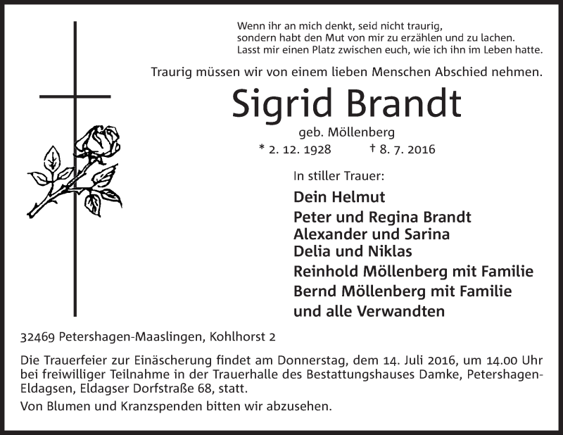  Traueranzeige für Sigrid Brandt vom 11.07.2016 aus 
