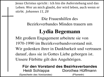 Anzeige von Lydia Begemann von Mindener Tageblatt