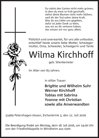 Anzeige von Wilma Kirchhoff von Mindener Tageblatt