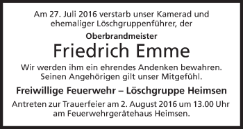 Anzeige von Friedrich Emme von Mindener Tageblatt