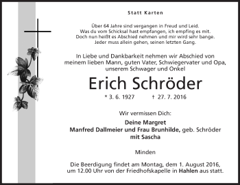 Anzeige von Erich Schröder von Mindener Tageblatt