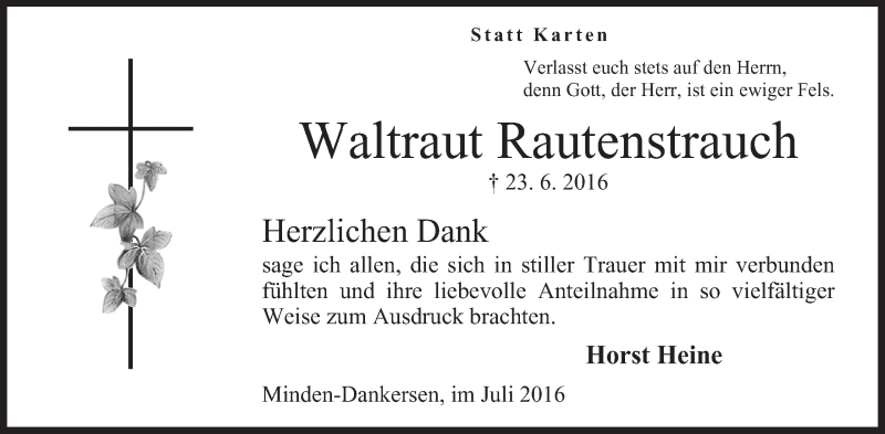  Traueranzeige für Waltraut Rautenstrauch vom 23.07.2016 aus Mindener Tageblatt