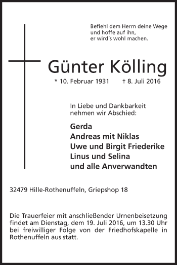 Anzeige von Günter Kölling 