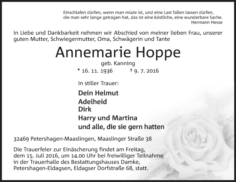  Traueranzeige für Annemarie Hoppe vom 11.07.2016 aus 