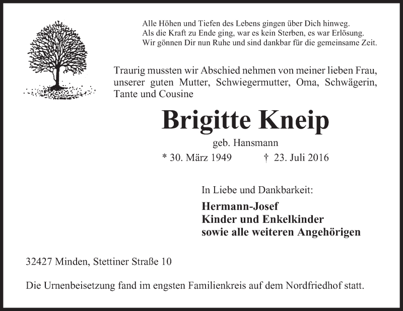  Traueranzeige für Brigitte Kneip vom 06.08.2016 aus Mindener Tageblatt