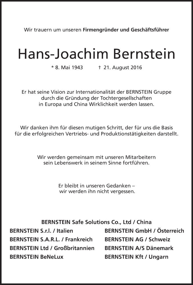  Traueranzeige für Hans-Joachim Bernstein vom 27.08.2016 aus Mindener Tageblatt