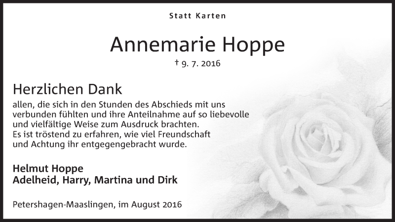  Traueranzeige für Annemarie Hoppe vom 20.08.2016 aus Mindener Tageblatt