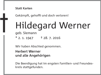 Anzeige von Hildegard Werner von Mindener Tageblatt