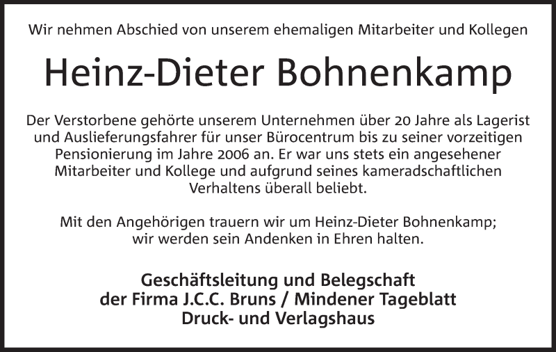  Traueranzeige für Heinz-Dieter Bohnenkamp vom 31.08.2016 aus Mindener Tageblatt