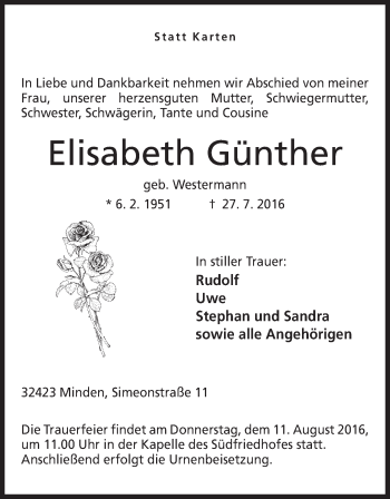 Anzeige von Elisabeth Günther von Mindener Tageblatt