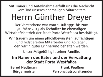 Anzeige von Günther Dreyer von Mindener Tageblatt