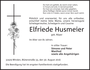 Anzeige von Elfriede Husmeier von Mindener Tageblatt