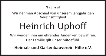 Anzeige von Heinrich Uphoff von Mindener Tageblatt