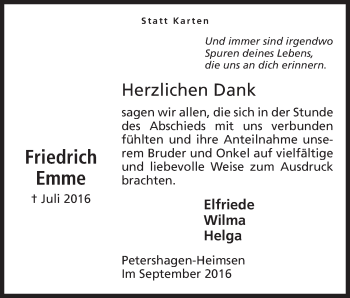 Anzeige von Friedrich Emme von Mindener Tageblatt