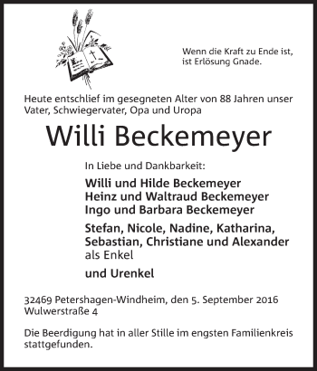 Anzeige von Willi Beckemeyer von Mindener Tageblatt