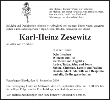 Anzeige von Karl-Heinz Zesewitz von Mindener Tageblatt