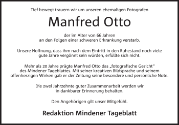 Anzeige von Manfred Otto von Mindener Tageblatt