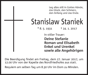Anzeige von Stanislaw Staniek von Mindener Tageblatt