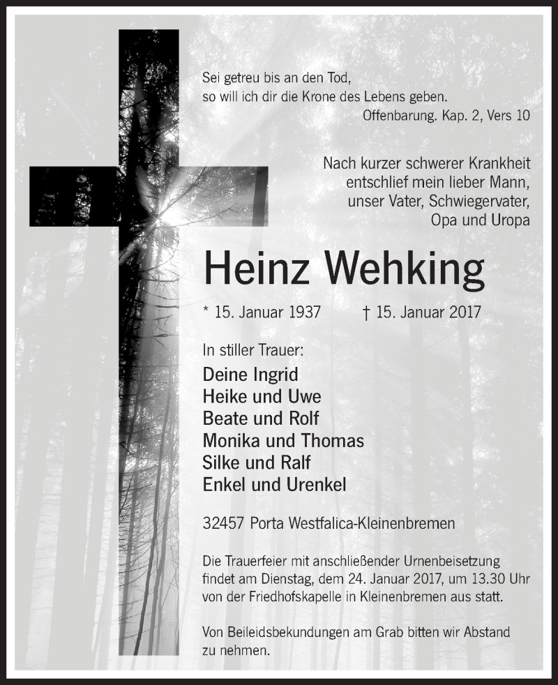  Traueranzeige für Heinz Wehking vom 18.01.2017 aus Mindener Tageblatt